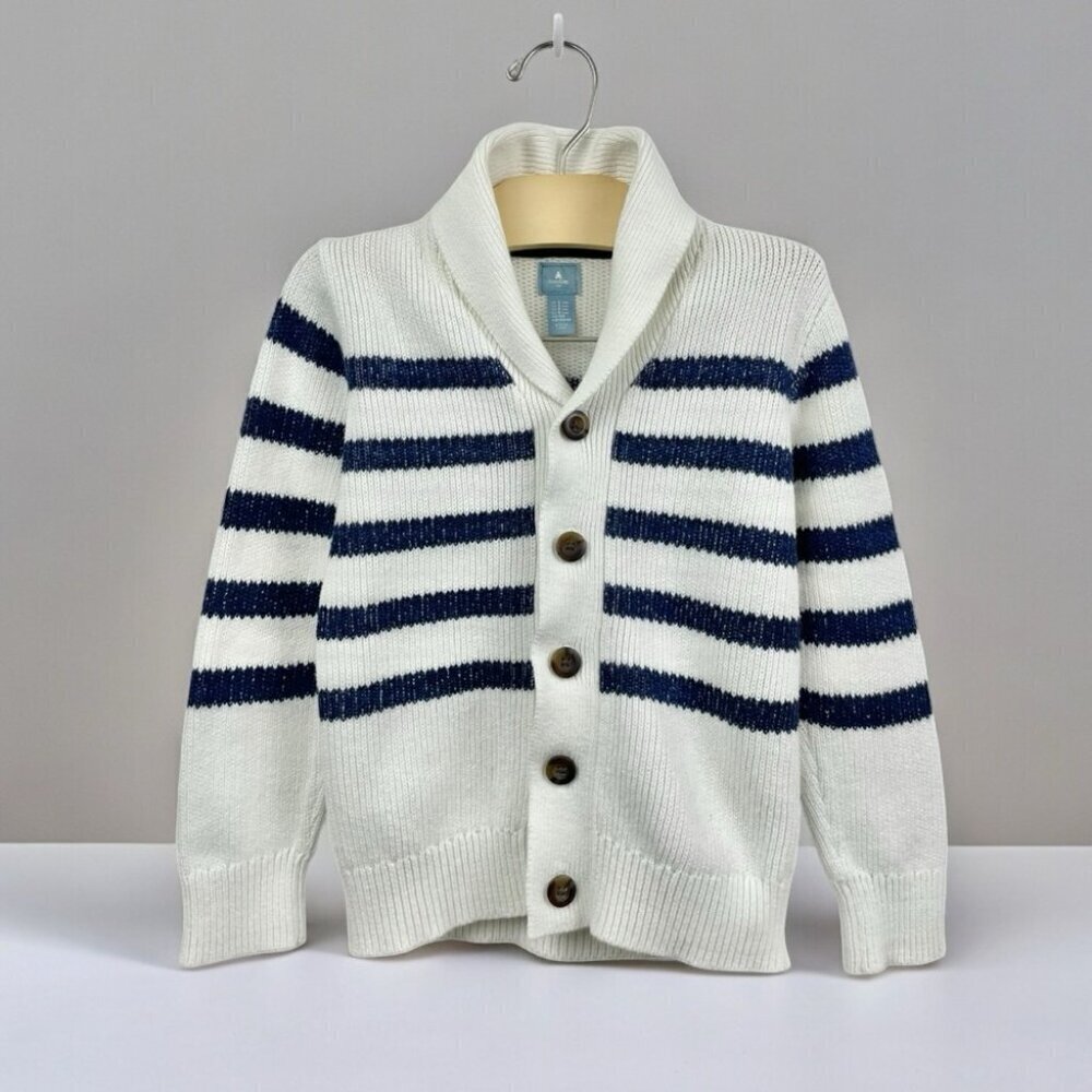 Gap Kids Cream and Navy Shawl Collar Striped Cotton Breton Cardigan Size 5